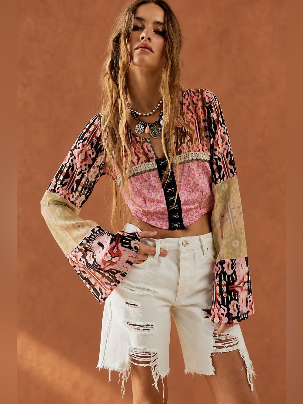 Free People Walk That Walk Top XS Patchwork Bell Sleeve Boho Crop $98